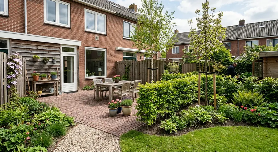 Achtertuin met nieuw terras van gebakken klinkers en jonge bomen