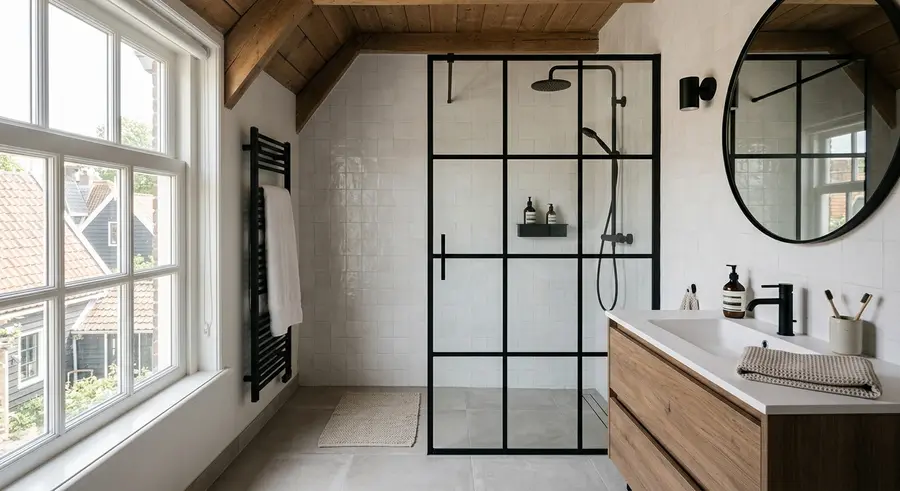 Gerenoveerde badkamer met inloopdouche met zwart kader