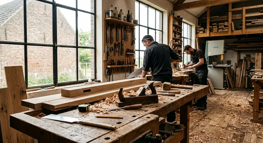 Werkplaats met eiken planken op een werkbank