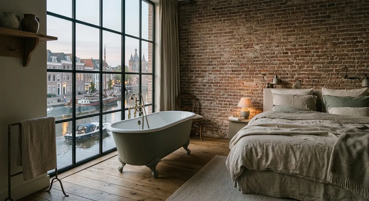 Grachtkamer met bakstenen muur, vrijstaand bad en groot stalen raam op de gracht