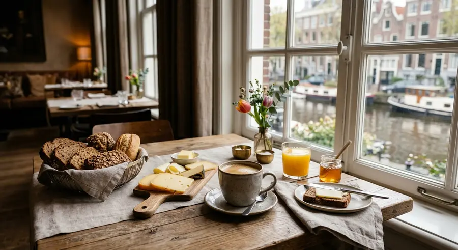 Ontbijttafel bij het raam met brood, kaas en koffie
