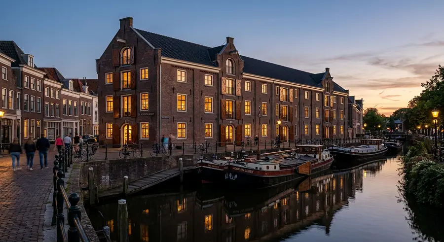 Het hotel, een oud pakhuis aan de gracht, in de avond
