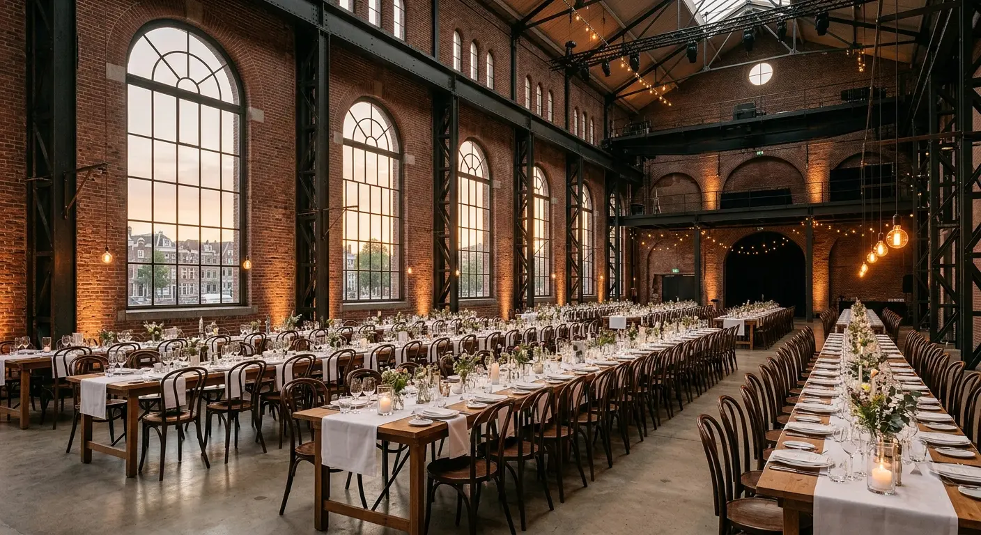 Ketelhuis van Remise Oost, gedekt voor een diner met lange tafels