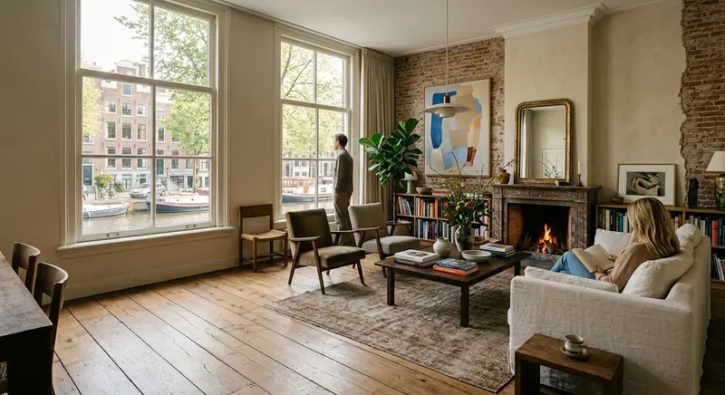 Gerenoveerde woonkamer met brede eiken vloer in een grachtenpand