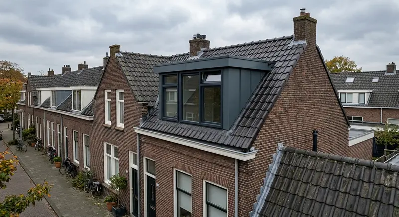 Nieuwe antraciet dakkapel op een bakstenen rijtjeshuis