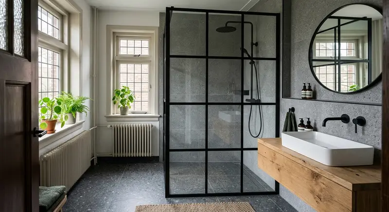 Badkamer met grijze tegels en inloopdouche met zwart kozijn