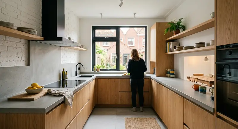 Keuken met lichte houten fronten en betonlook werkblad