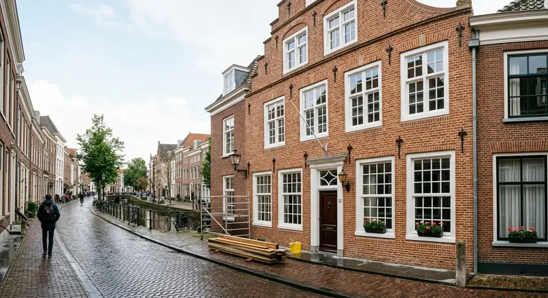 Gerestaureerde bakstenen gevel met nieuwe witte houten kozijnen