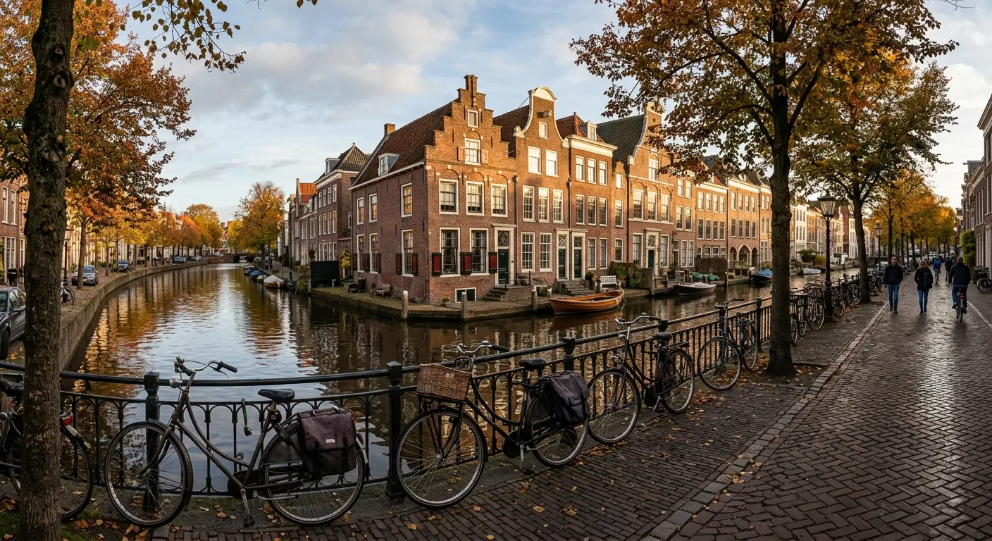 Grachtenpanden aan het Rapenburg in Leiden in de herfst