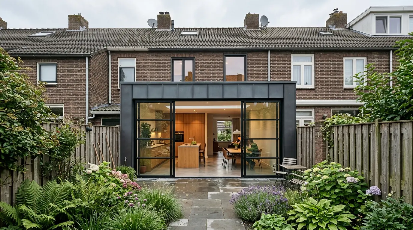 Nieuwe aanbouw met stalen pui aan een bakstenen rijtjeshuis