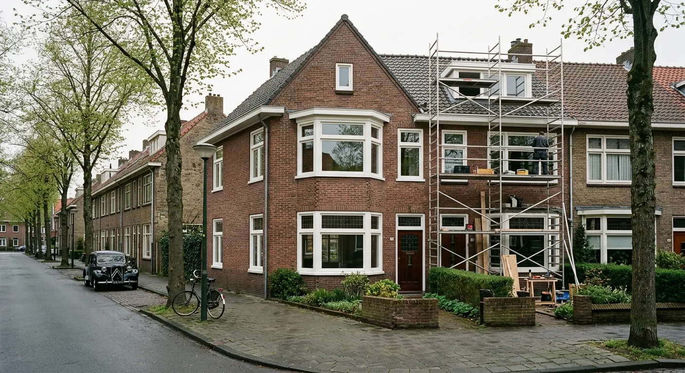 Jaren-dertigwoning in Haarlem in de steigers tijdens een renovatie