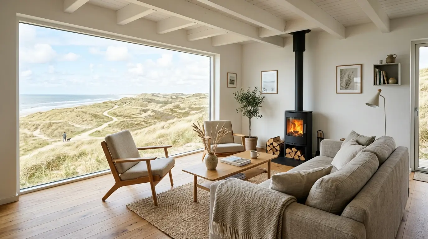 Lichte woonkamer met houtkachel en uitzicht op de duinen