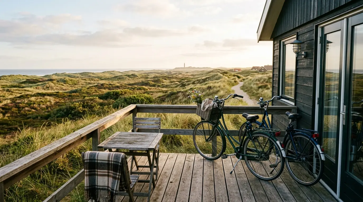 Houten terras met twee fietsen en uitzicht over de duinen