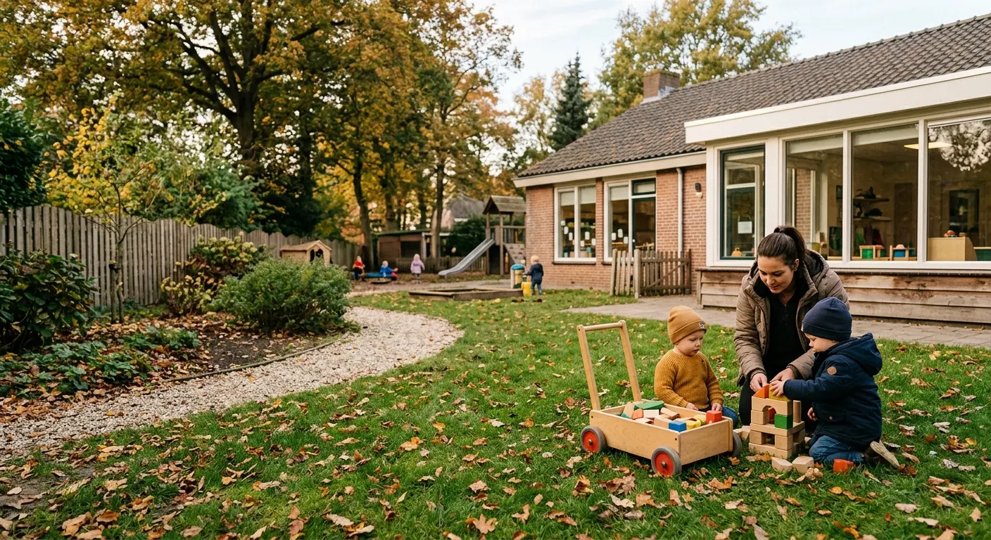 Pedagogisch medewerker speelt met twee peuters in de tuin van een kinderdagverblijf