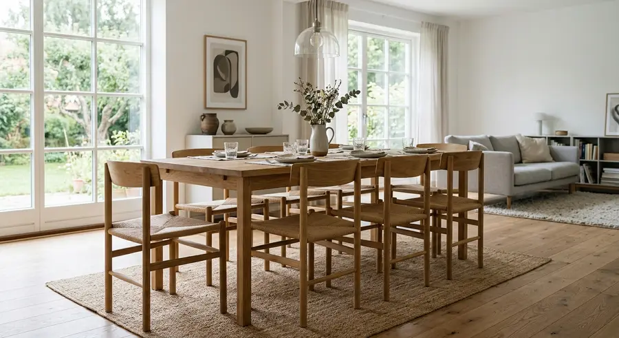 Eiken eettafel met zes stoelen