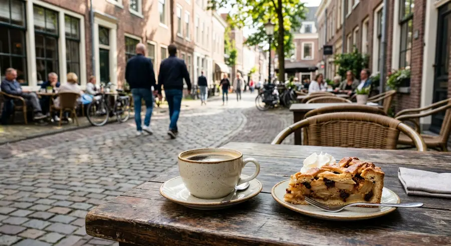 Koffie en appeltaart op een terras