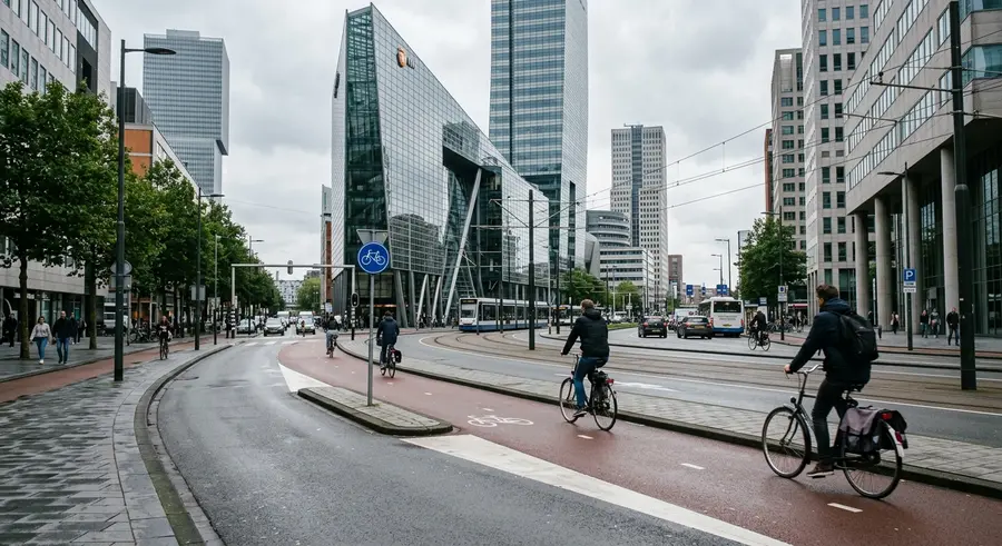 Fietsers op een brede straat in Rotterdam