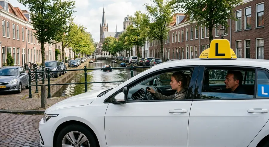 Lesauto van de rijschool in een Delftse straat