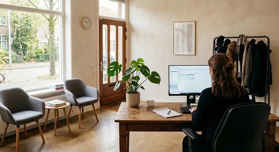 De receptie in Leiden met twee stoelen, een plant en een kapstok