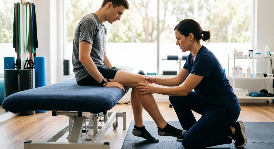 Een fysiotherapeut onderzoekt de knie van een hardloper op de behandelbank