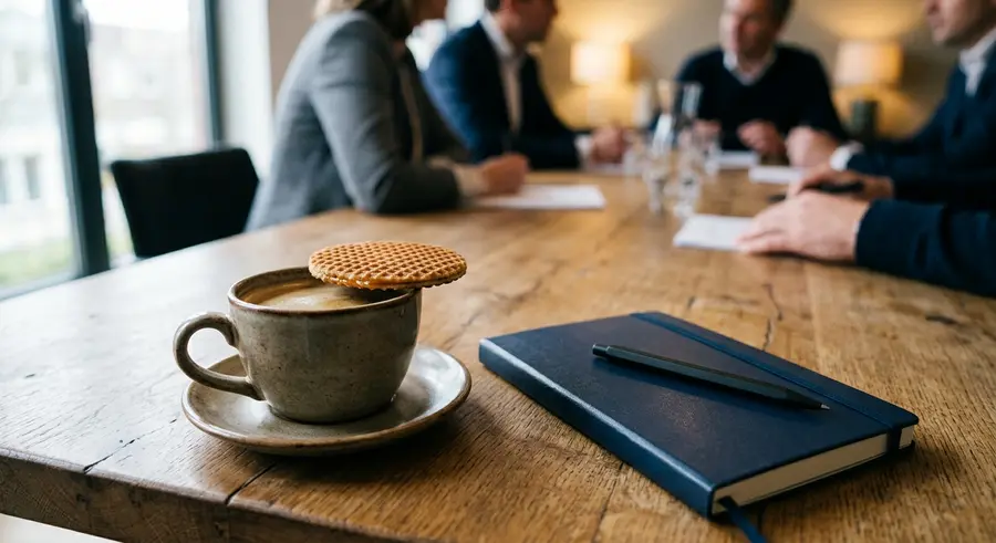 Koffie met een stroopwafel op de vergadertafel
