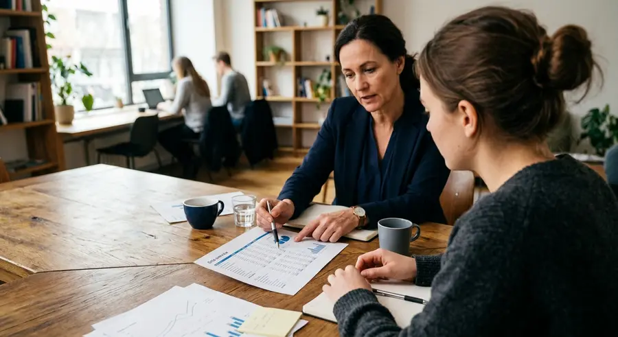 Mirjam Bakkum loopt met een ondernemer een overzicht van haar cijfers door