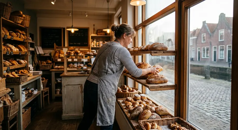 Bakker legt brood in de etalage