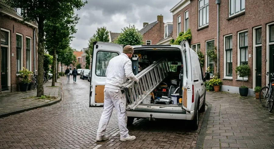 Schilder laadt ladders in zijn bus