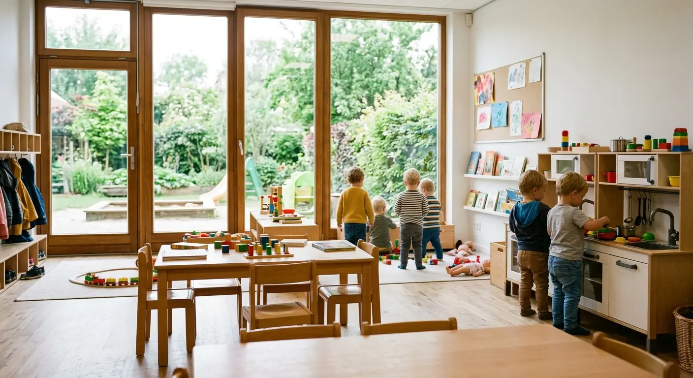 Groepsruimte met lage tafels en een poppenkeuken, de tuindeuren open