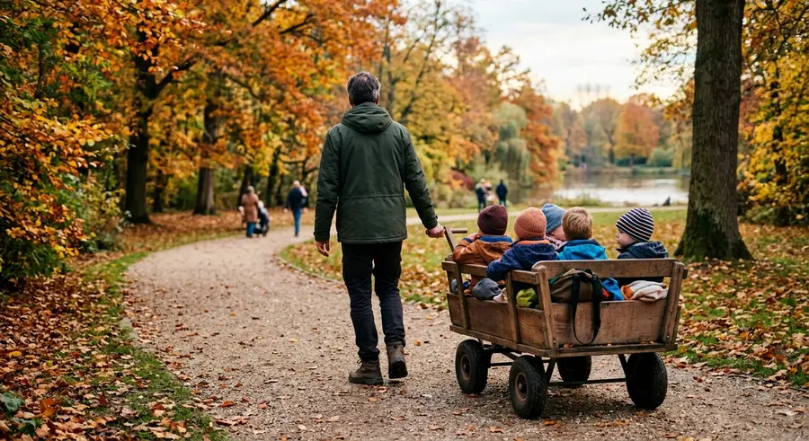 Pedagogisch medewerker trekt een bolderkar met vier peuters door het park