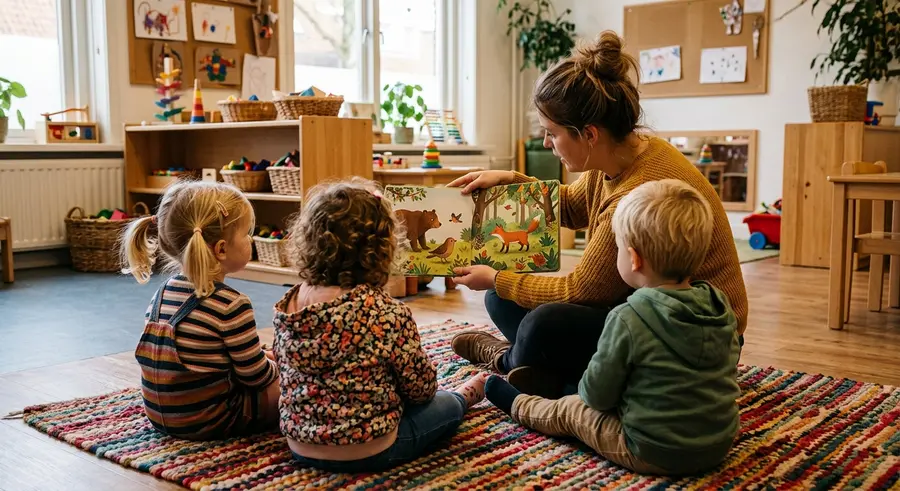 Pedagogisch medewerker leest voor aan drie peuters