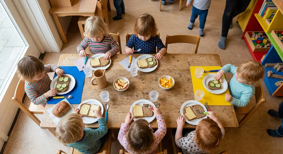 Lunch met bruin brood, kaas, komkommer en appel