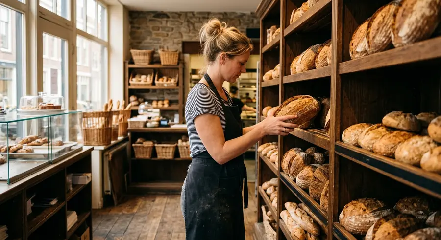 Verkoopster legt brood in de schappen