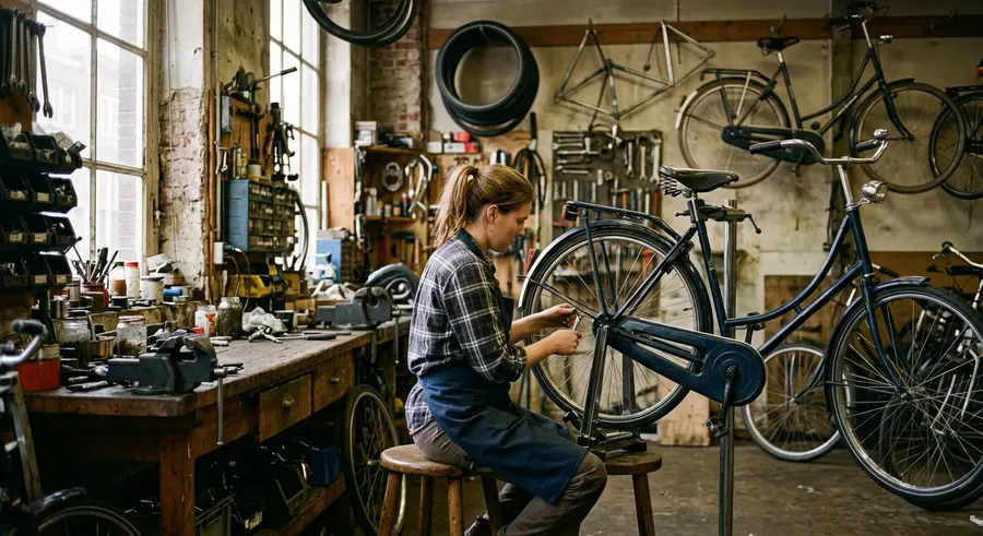 Monteur repareert een fiets in de werkplaats