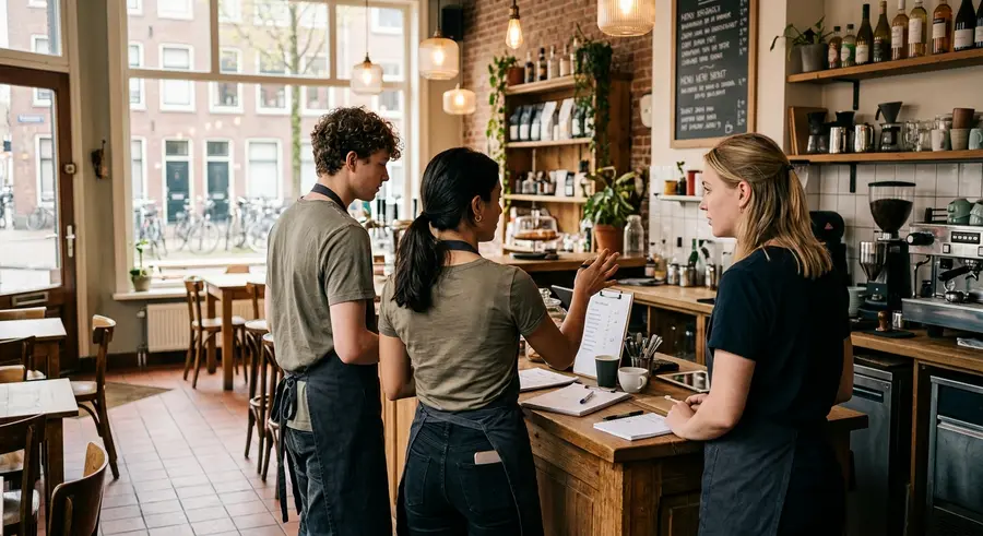 Drie medewerkers bespreken de dag aan de toonbank voor opening