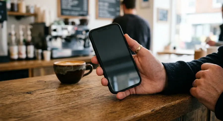 Hand met telefoon boven de toonbank van een café