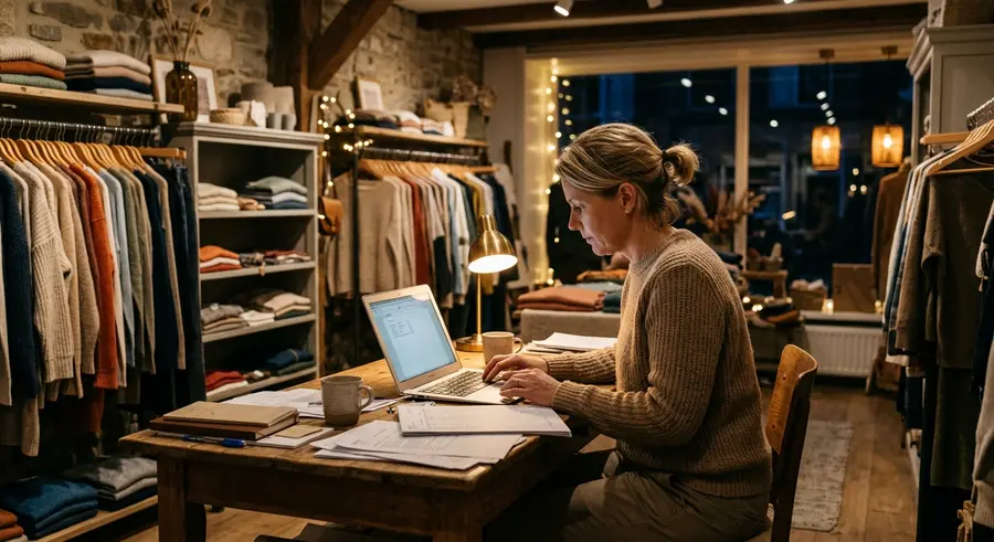 Eigenaar van een kledingwinkel achter de laptop
