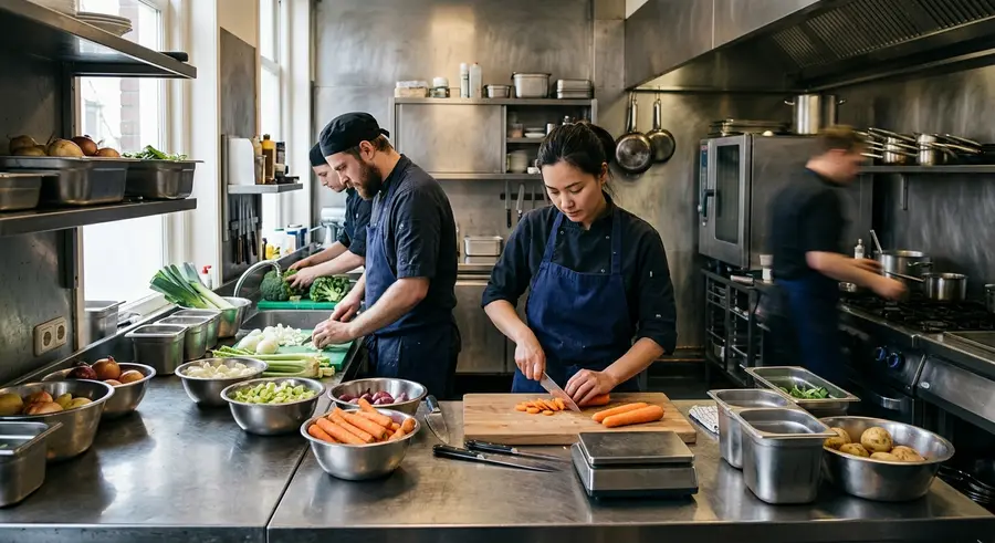 Keukenpersoneel snijdt groente tijdens de mise-en-place