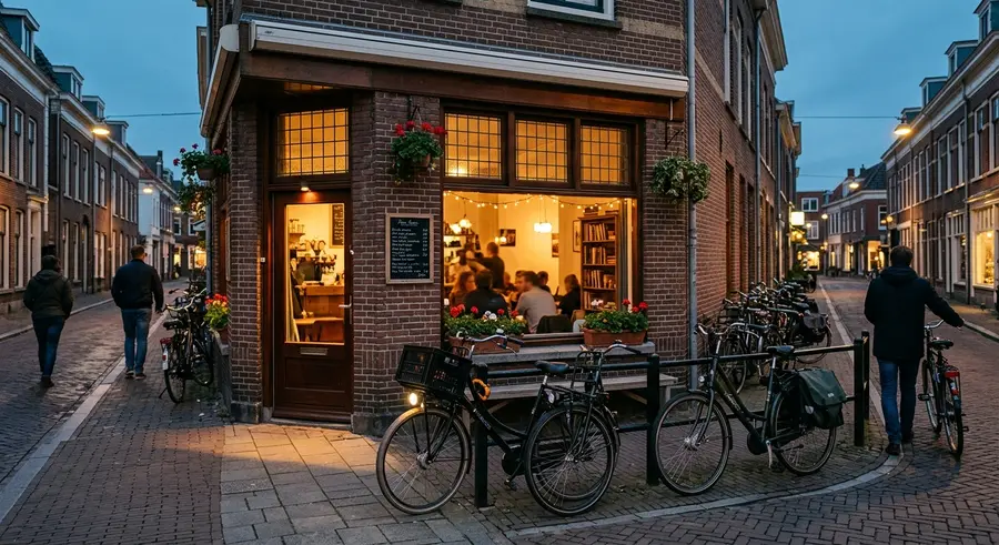 Een café in een Eindhovense straat bij schemering