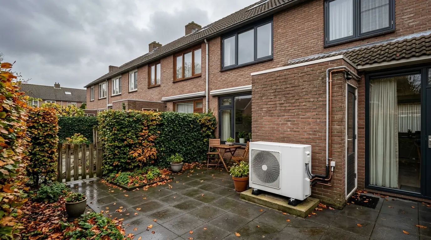 Buitenunit van een warmtepomp tegen de achtergevel van een rijtjeshuis in Zwolle