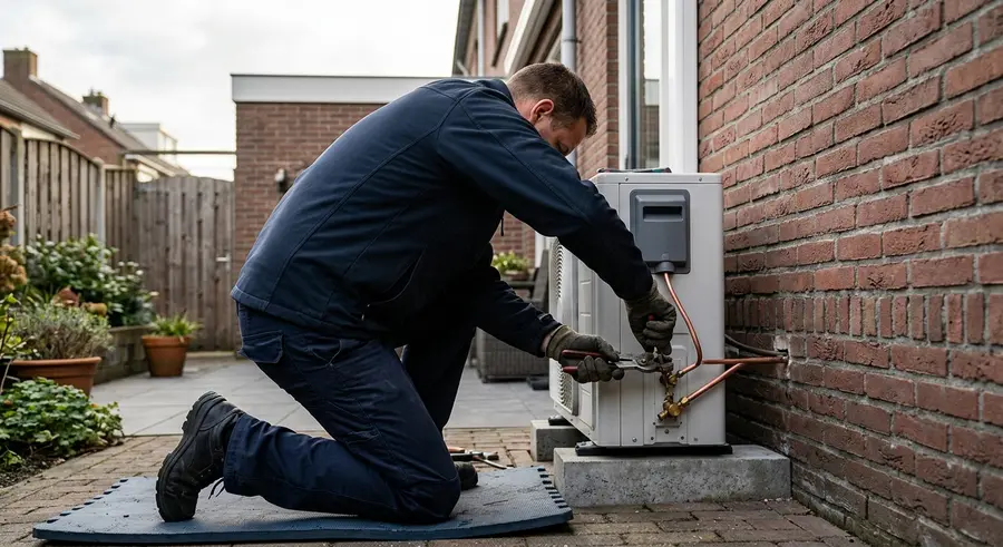Monteur sluit de leidingen van een buitenunit aan