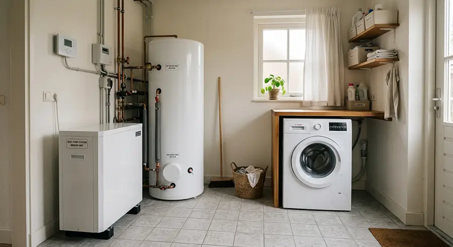 Binnenunit met boilervat in een bijkeuken