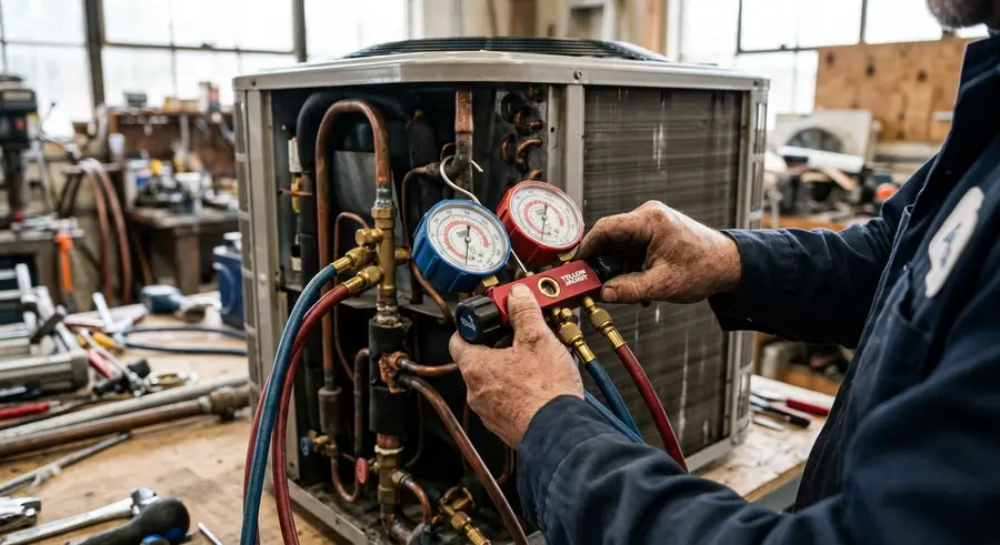 Monteur controleert de druk van een warmtepomp met een manometer