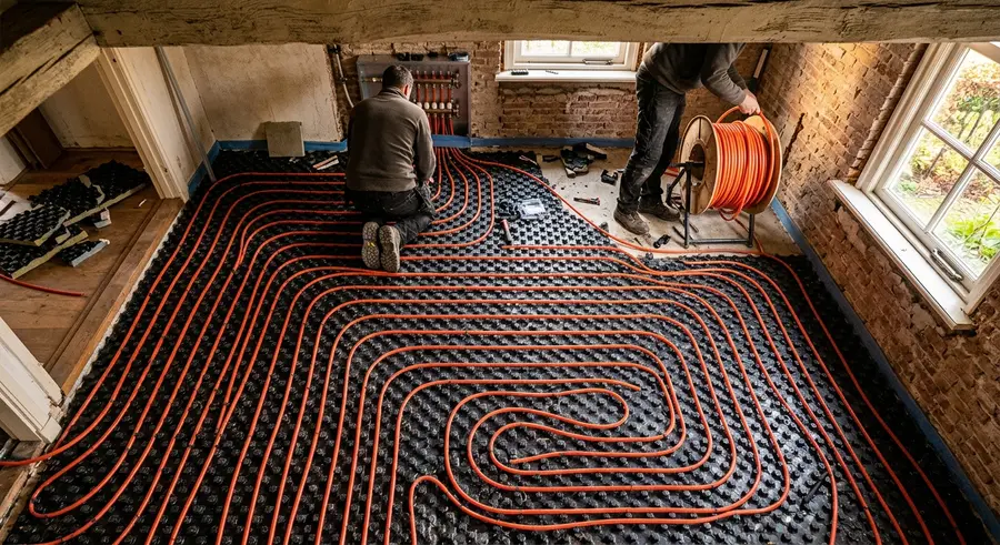 Vloerverwarmingsleidingen in een woonkamer voor het storten van de dekvloer