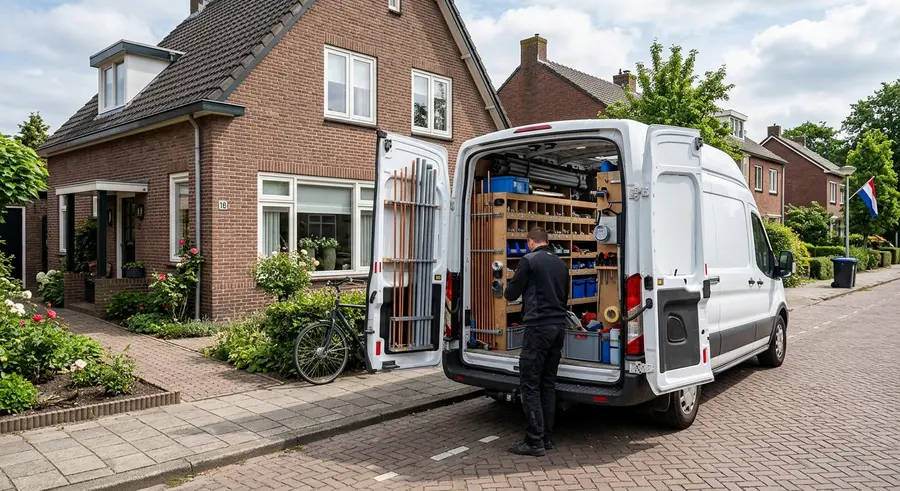 Bus van Hulshof met geopende achterdeuren en ingerichte stellingen