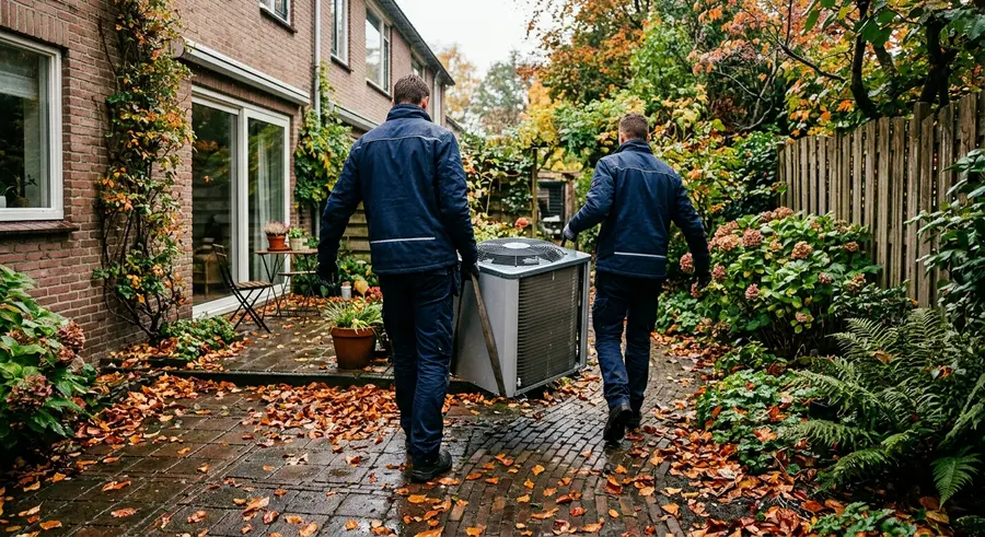 Twee monteurs dragen een buitenunit door een achtertuin