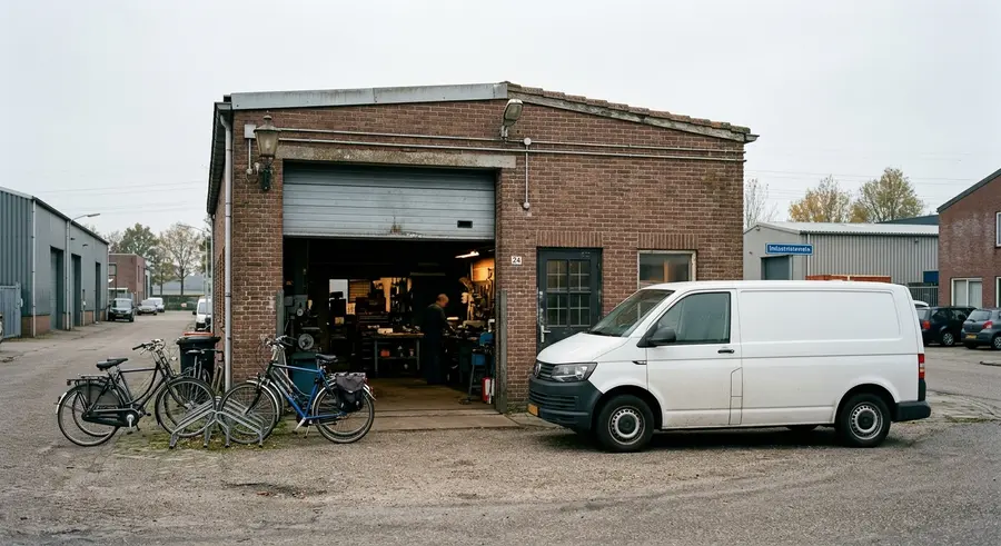 Het bakstenen werkplaatsgebouw van Hofstede met open roldeur en een witte bus ervoor