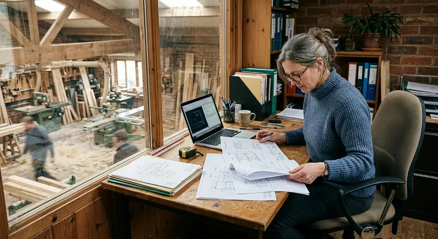 Anke Hofstede bekijkt bouwtekeningen op het kantoor boven de werkplaats