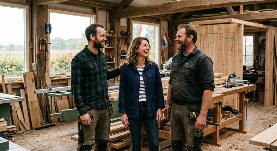 Sietse, Anke en Jelle Hofstede lachend in de werkplaats