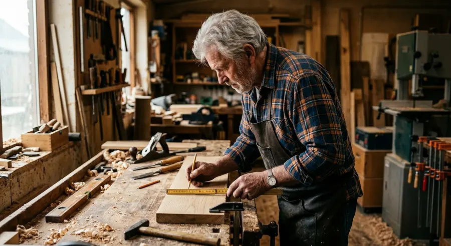 Klaas Hofstede meet een plank op met een duimstok aan de werkbank